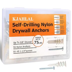 #8 Drywall Anchors, 110 Pcs Self Drilling Drywall Anchors and Screws kit, No Pre Drill Hole Preparation Required, 55 High Quality Drywall Anchors and 55#8 x 1-1/4'' Screws, 75LB Hanging