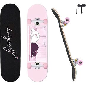Anime Skateboards for Girls，Pink Complete Standard Skateboard, 31" X 8" Maple Double Kick Concave Skate Boards for Beginners/Kids/Youths/Teens Adult，Cute cat Skateboard