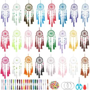 24PCS DIY Small Dream Catcher Kits for Beginners Colorful Handmade Dreamcatcher Kit for Starters DIY Mini Ornament Making Kit for Bedroom Car Mirror Keychain bag Bohemian Decoration Craft Gift