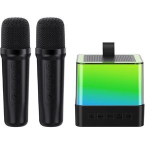 Mini Karaoke Machine with 2 Wireless Microphones, Portable Wireless Light Show Bluetooth Speaker for Adult and Kids with LED Ambience Light, for Home/Birthday/Party/Christmas/Outdoor/Indoor Events