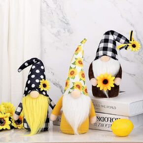 Skylety 3 Pieces Spring Summer Sunflower Swedish Gnomes Decor Sunflower Buffalo Plaid Rustic Tiered Tray Decorations Plush Tiered Tray Gnomes Ornaments for Home Garden Kitchen Decor