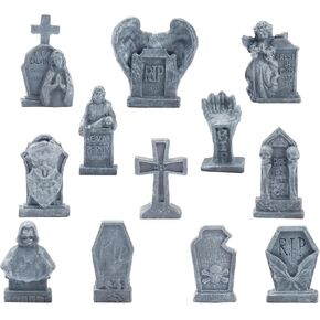 12 Pcs Miniature Tombstones Figurine Mini Resin Tombstones Mini Gravestone Multiple Sizes Style for Mini House Graveyard Scene Diorama Crafts Halloween Decor Accessories