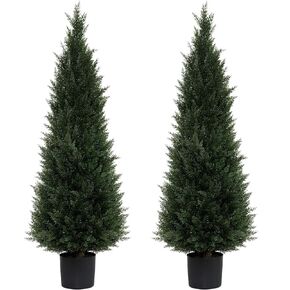 4 Feet Artificial Topiary Trees 2-Set - UV Protection Potted Shrubs for Front Door, 6" Wide Heavy Duty Pots Faux Cedar Pines for Outdoor & Indoor Decor