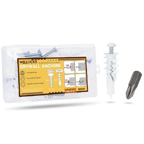 Wellocks Drywall Screws 200 PCS #8×1-1/4" with PH2 Bit Self Drilling Zinc Alloy Anchors White Head No Pre Drill Hole Required for DIY Hanging(BH2100W)