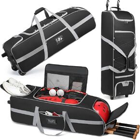 Large Catcher Gear Bag With Wheels, Rolling Baseball Bag for 4 Bats, Portable Baseball Catcher Bag With Wheels, Multi-Pockets, Fence Hook, Holds All Softball Baseball Equipment