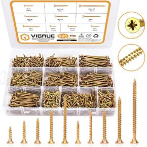 VIGRUE Interior Wood Screws Assortment Kit, 825PCS #6#8#10 Wood Screws in 10 Sizes, Zinc Plated Carbon Steel Screws for Wood Screw Assortment Kit, Self Tapping Screw Assortment