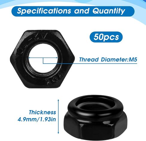 50 PCS Hex Lock Nuts, Black Zinc Plated Nylon Lock Nuts, 304 Stainless Steel Locknuts, Inserted Hex Self Clinching Nuts Carbon Steel Nylon Insert Self Locking Nuts for Fasteners (M5) in Saudi Arabia