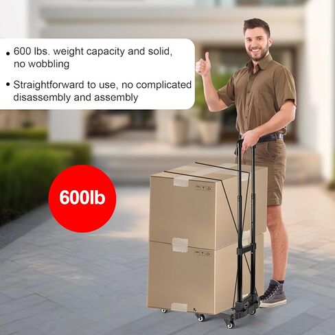 ترقية شاحنة يدوية قابلة للطي، عربة دوللي شديدة التحمل بوزن 600 رطل، عربة منصة دوللي احترافية مع 6 عجلات وحبلين مرنين للأمتعة والسفر والتحرك والتسوق والاستخدام المكتبي، أسود in Kuwait