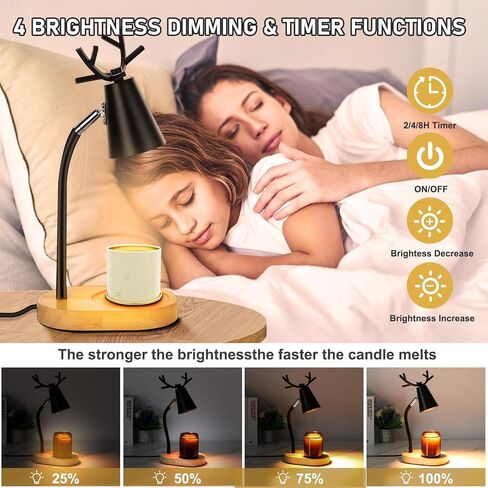 Dimmable Candle Warmer Lamp with Timer, Electric Wax Melting Table Light for Bedroom, Height Adjustable Fits All Candles Jar, with 2Gu10 Halogen Bulb, Warm Scented Candle for Cozy Home Decor (Black) in Saudi Arabia