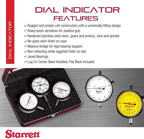 Starrett 25 Series Dial Indicator with Jewel Bearings and Lug-On-Center Back - White Face, 0-.500" Range, 0-50-0 Balanced Dial, 001" Graduations - 25-341/5J in Saudi Arabia