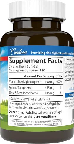Carlson - Gamma E-Gems, 465 mg, Gamma Tocopherol, Vitamin E Tocopherol, Optimal Wellness, 120 Softgels in Saudi Arabia