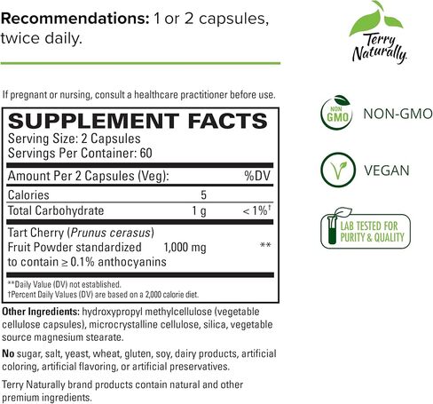 تيري تارت الكرز الطبيعي - 120 كبسولة - يعزز التوازن الصحي لحمض البوليك - غير معدل وراثيًا، نباتي، خالي من الغلوتين - 60 وجبة in Kuwait