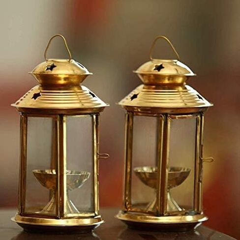 فانوس نحاسي Akhand Diya - مجموعة من 2، مصباح زيت معبد المنزل مصابيح زيت ديكور ديوالي. الحجم: 6 بوصة، زينة عيد الميلاد in Saudi Arabia