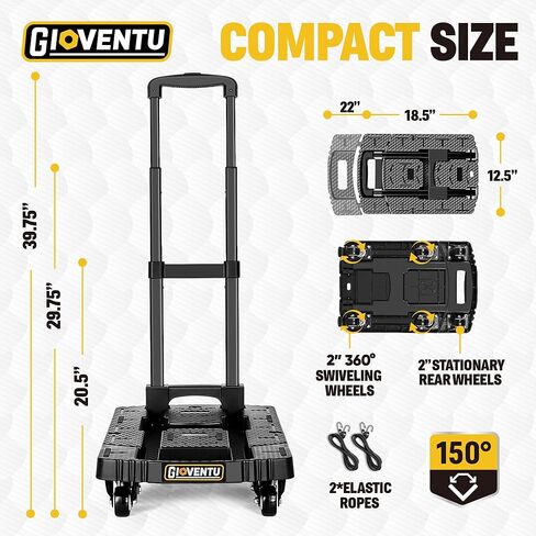 شاحنة يدوية دوللي للتحرك (440 رطل)، عربة دوللي قابلة للطي مع 6 عجلات من المطاط اللدن حراريًا ومقبض قابل للقفل 90 درجة، شاحنة منصة عربة أمتعة محمولة للسفر والاستخدام المكتبي وما إلى ذلك in Kuwait