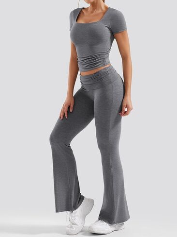 YEOREO Women Two Piece Lounge Set Outfits Short Sleeve Foldover Top Flare Pants Tracksuit Casual Sets Erna in Saudi Arabia