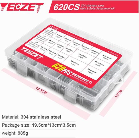 YEEZET 620PCS M4 M5 M6 Heavy Duty Bolts and Nuts Assortment Kit, 304 Stainless Steel, includes 13 Most Common Sizes in Saudi Arabia