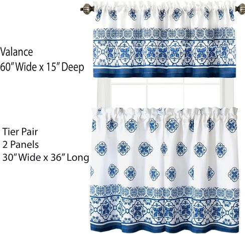 Newbridge Fabric Kitchen Window Curtains, 36 Inch Long Tier Pair and Valance Set, Blue Mediterranean, Indoor Stain Resistant No-Iron Fabric Kitchen Curtains, Blue Tile Border in Saudi Arabia