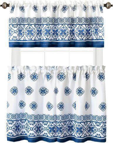 Newbridge Fabric Kitchen Window Curtains, 36 Inch Long Tier Pair and Valance Set, Blue Mediterranean, Indoor Stain Resistant No-Iron Fabric Kitchen Curtains, Blue Tile Border in Saudi Arabia
