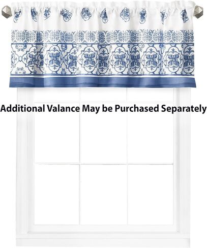 Newbridge Fabric Kitchen Window Curtains, 36 Inch Long Tier Pair and Valance Set, Blue Mediterranean, Indoor Stain Resistant No-Iron Fabric Kitchen Curtains, Blue Tile Border in Saudi Arabia