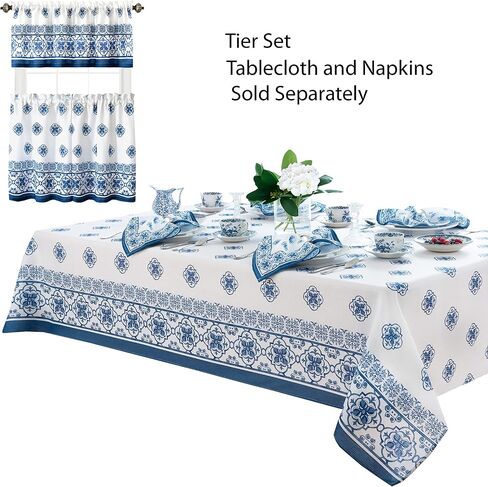 Newbridge Fabric Kitchen Window Curtains, 36 Inch Long Tier Pair and Valance Set, Blue Mediterranean, Indoor Stain Resistant No-Iron Fabric Kitchen Curtains, Blue Tile Border in Saudi Arabia
