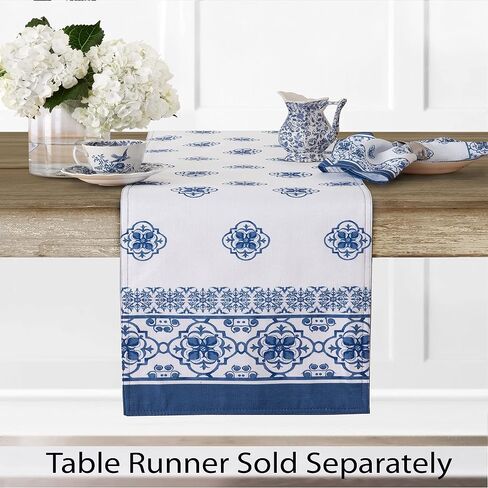 Newbridge Fabric Kitchen Window Curtains, 36 Inch Long Tier Pair and Valance Set, Blue Mediterranean, Indoor Stain Resistant No-Iron Fabric Kitchen Curtains, Blue Tile Border in Saudi Arabia