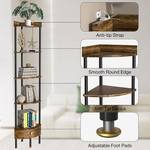 Nidouillet 5-Tier Stand Corner Shelf with Drawer, Corner Display Shelf, Wall Corner Multi Unit Organizer, for Living Room&Bedroom&Bathroom&Kitchen, 65inch in Saudi Arabia