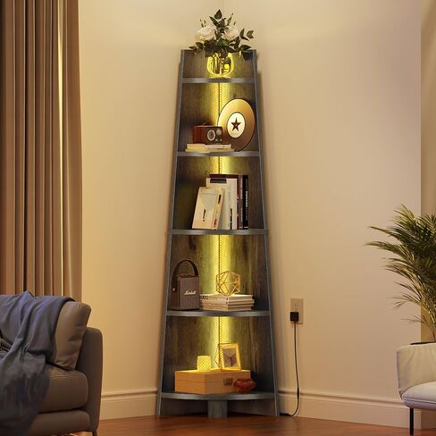 YITAHOME Corner Shelf Stand with Led Light, 70.9" Ladder Corner Bookshelf, Modern 5 Tier Corner Bookcase, Wooden Open Display Shelving Storage Rack for Bedroom, Living Room, Home Office, White in Saudi Arabia
