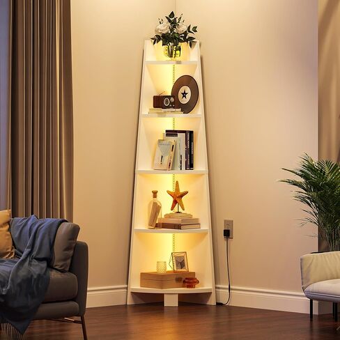 YITAHOME Corner Shelf Stand with Led Light, 70.9" Ladder Corner Bookshelf, Modern 5 Tier Corner Bookcase, Wooden Open Display Shelving Storage Rack for Bedroom, Living Room, Home Office, White in Saudi Arabia