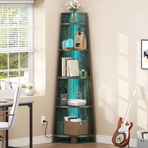 YITAHOME Corner Shelf Stand with Led Light, 70.9" Ladder Corner Bookshelf, Modern 5 Tier Corner Bookcase, Wooden Open Display Shelving Storage Rack for Bedroom, Living Room, Home Office, White in Saudi Arabia