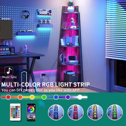 YITAHOME Corner Shelf Stand with Led Light, 70.9" Ladder Corner Bookshelf, Modern 5 Tier Corner Bookcase, Wooden Open Display Shelving Storage Rack for Bedroom, Living Room, Home Office, White in Saudi Arabia