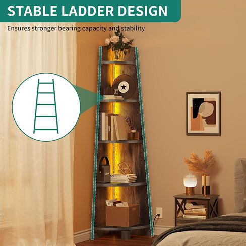 YITAHOME Corner Shelf Stand with Led Light, 70.9" Ladder Corner Bookshelf, Modern 5 Tier Corner Bookcase, Wooden Open Display Shelving Storage Rack for Bedroom, Living Room, Home Office, White in Saudi Arabia