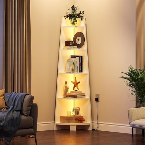 YITAHOME Corner Shelf Stand with Led Light, 70.9" Ladder Corner Bookshelf, Modern 5 Tier Corner Bookcase, Wooden Open Display Shelving Storage Rack for Bedroom, Living Room, Home Office, White in Saudi Arabia