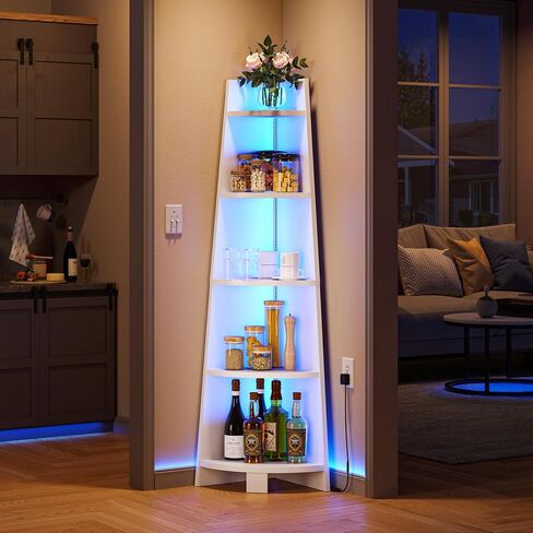 YITAHOME Corner Shelf Stand with Led Light, 70.9" Ladder Corner Bookshelf, Modern 5 Tier Corner Bookcase, Wooden Open Display Shelving Storage Rack for Bedroom, Living Room, Home Office, White in Saudi Arabia