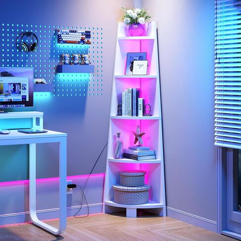 YITAHOME Corner Shelf Stand with Led Light, 70.9" Ladder Corner Bookshelf, Modern 5 Tier Corner Bookcase, Wooden Open Display Shelving Storage Rack for Bedroom, Living Room, Home Office, White in Saudi Arabia