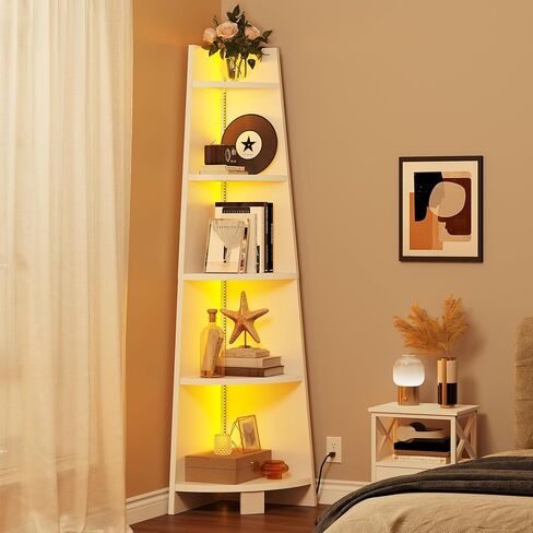 YITAHOME Corner Shelf Stand with Led Light, 70.9" Ladder Corner Bookshelf, Modern 5 Tier Corner Bookcase, Wooden Open Display Shelving Storage Rack for Bedroom, Living Room, Home Office, White in Saudi Arabia