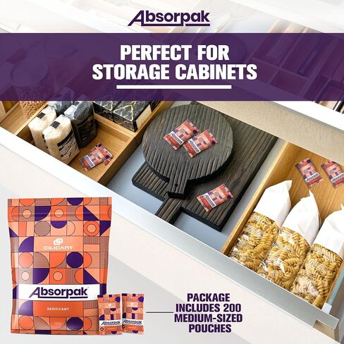 Absorpak Desiccant Pouches - 200 pcs Pack, Moisture Absorbers for Shoes, Jewelry, Clothes or Electronics, Ideal for Households, Food Pantries, Dried Food, Pet food, for Moisture, Medium in Saudi Arabia