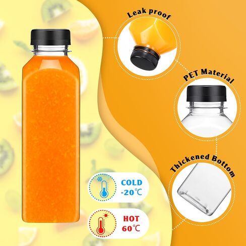 Zhehao 300 Pcs 16 oz Empty Plastic Juice Bottles with Tamper Evident Caps Square Clear Drink Containers Reusable Juicing Bottles PET Bulk Water Bottles for Juices Milk Beverages Tea Smoothies (Black) in Saudi Arabia