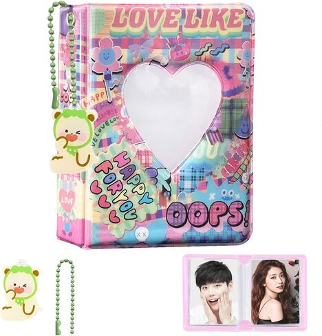 كتاب حامل بطاقات الصور Kpop مقاس 3 بوصات، ألبوم صور صغير Kpop Kpop Photocard Binder، كتاب تجميع بطاقات الصور المجوفة Kpop Photocard المجوف من Love Heart 32 جيبًا، حامل بطاقات صور محمول مع قلادة قلب الحب in Kuwait