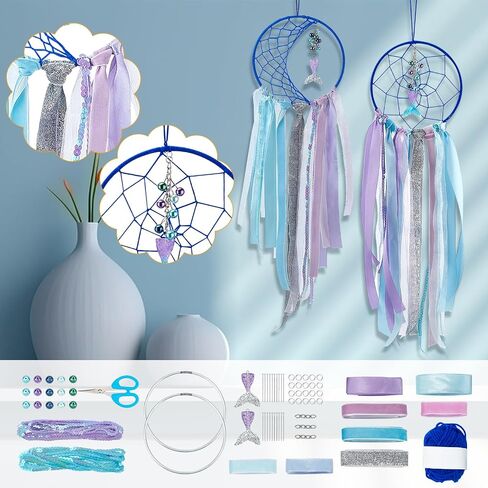 2 Set Mermaid Dream Catcher DIY Dream Catcher Making Kit Handmade Boho Dream Catchers for Kids Girls Bedroom Wall Decor Nursery Baby Room Hanging in Saudi Arabia