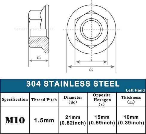 4 قطعة صامولة شفة، صواميل قفل سداسية مسننة، اليد اليسرى، M10x1.5mm، 304 الفولاذ المقاوم للصدأ in Saudi Arabia