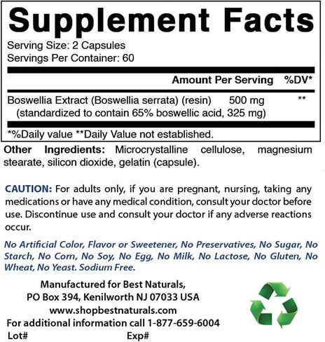 Best Naturals Boswellia Serrata Joint Health 250 mg 120 Capsules - Standardized to 65% Boswellic acid (120 Count (Pack of 1)) in Saudi Arabia