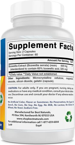 Best Naturals Boswellia Serrata Joint Health 250 mg 120 Capsules - Standardized to 65% Boswellic acid (120 Count (Pack of 1)) in Saudi Arabia