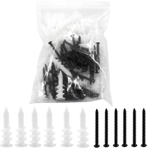 50 Pcs 13 x 42 mm White Nylon Self Drilling Plastic Drywall Anchors with M4 x 40mm Black Philips Flat Head Screws for Hanging and Mounting (Long) in Saudi Arabia