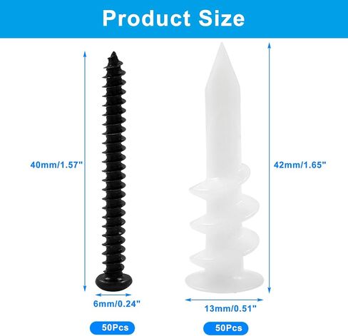 50 Pcs 13 x 42 mm White Nylon Self Drilling Plastic Drywall Anchors with M4 x 40mm Black Philips Flat Head Screws for Hanging and Mounting (Long) in Saudi Arabia