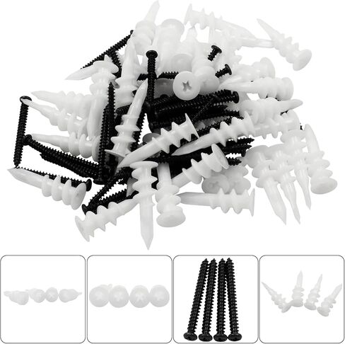 50 Pcs 13 x 42 mm White Nylon Self Drilling Plastic Drywall Anchors with M4 x 40mm Black Philips Flat Head Screws for Hanging and Mounting (Long) in Saudi Arabia