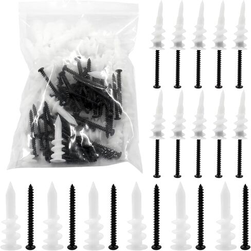 50 Pcs 13 x 42 mm White Nylon Self Drilling Plastic Drywall Anchors with M4 x 40mm Black Philips Flat Head Screws for Hanging and Mounting (Long) in Saudi Arabia