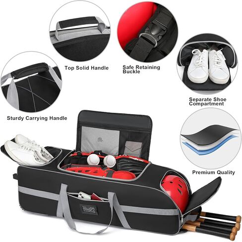 Large Catcher Gear Bag With Wheels, Rolling Baseball Bag for 4 Bats, Portable Baseball Catcher Bag With Wheels, Multi-Pockets, Fence Hook, Holds All Softball Baseball Equipment in Saudi Arabia