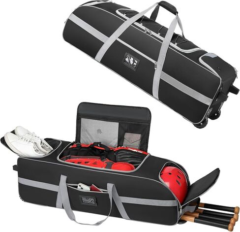 Large Catcher Gear Bag With Wheels, Rolling Baseball Bag for 4 Bats, Portable Baseball Catcher Bag With Wheels, Multi-Pockets, Fence Hook, Holds All Softball Baseball Equipment in Saudi Arabia