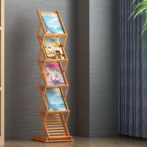 Foldable Bamboo Magazine Rack, Portable Pop-up Display Stand,Magazine Rack Floor 5 Pockets, A4 Size, for Trade Shows, Office, Retail Store