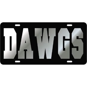Georgia Bullodgs Mirror Laser License Plate Tag Black Background, Silver - Dawgs